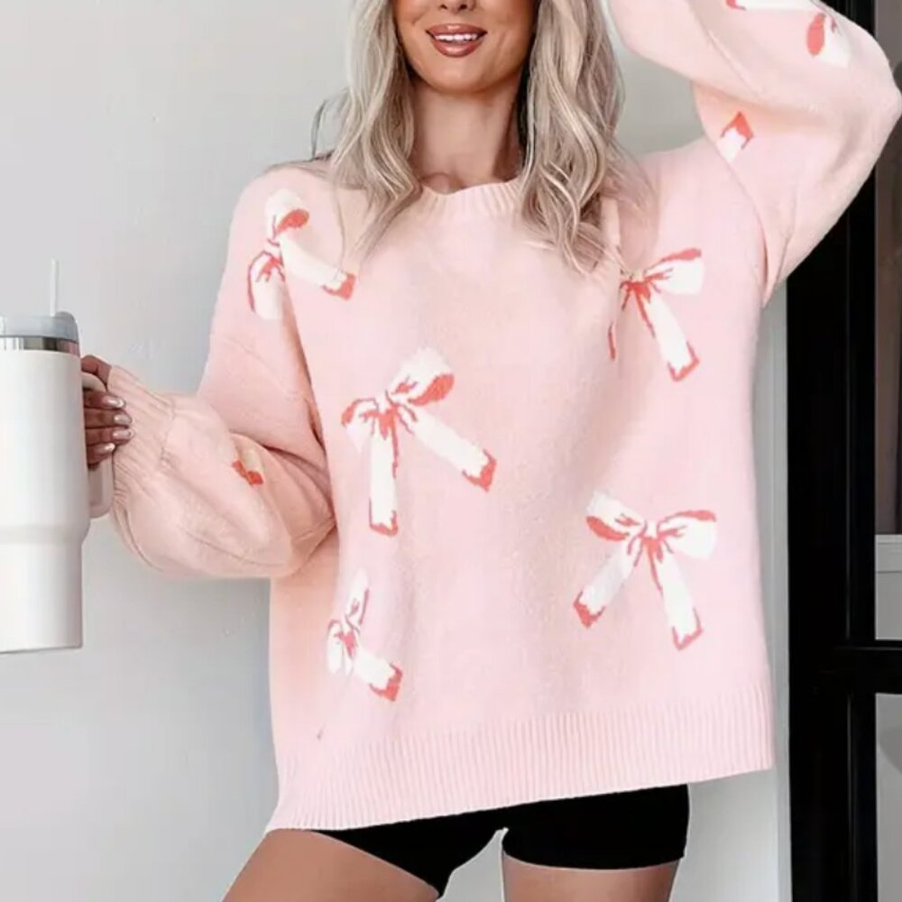 Cozy Pink Bow Pullover Sweater